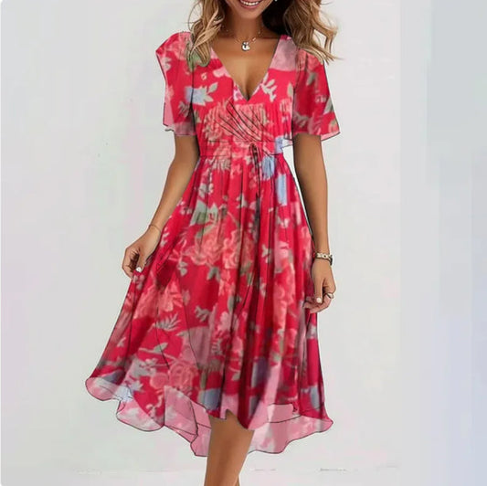 Flerida | Vestido midi con escote en V y mangas cortas | Midi