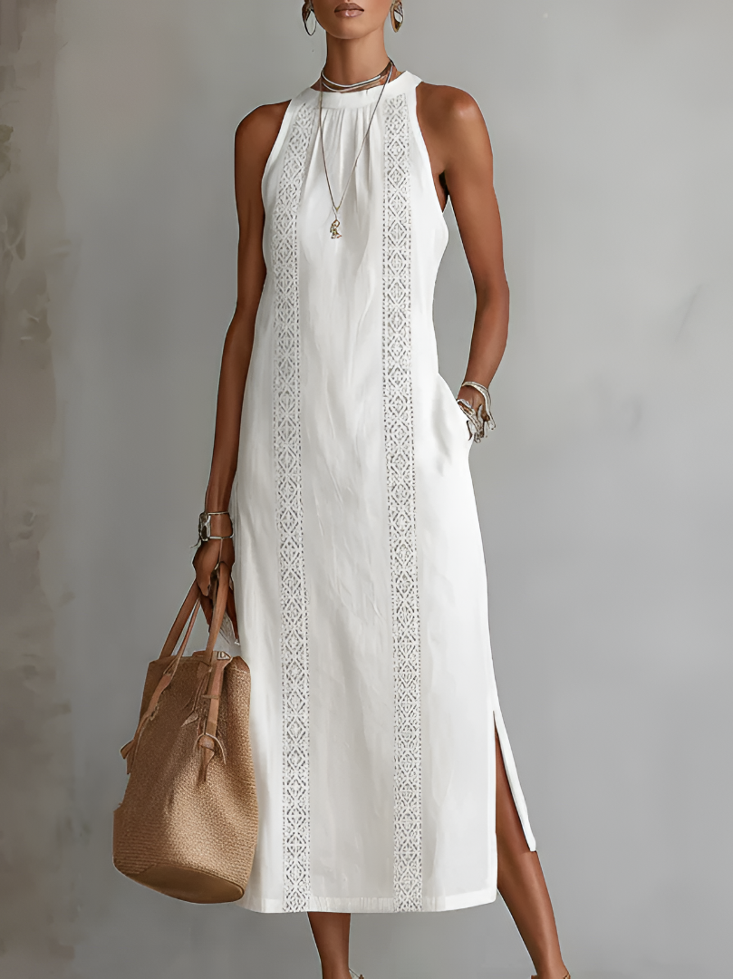 Gregoria | Besticktes Midikleid mit weitem Stehkragen  