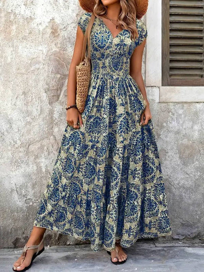 Cristina | Boho-Maxikleid für Damen mit Muster und Raffungen