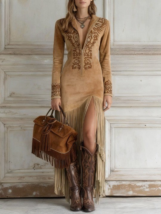 Calíope | Vestido largo con flecos y manga larga para mujer