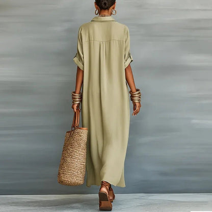 Rocío | Langes Leinenkleid für Damen im Hemdblusenstil mit Knöpfen