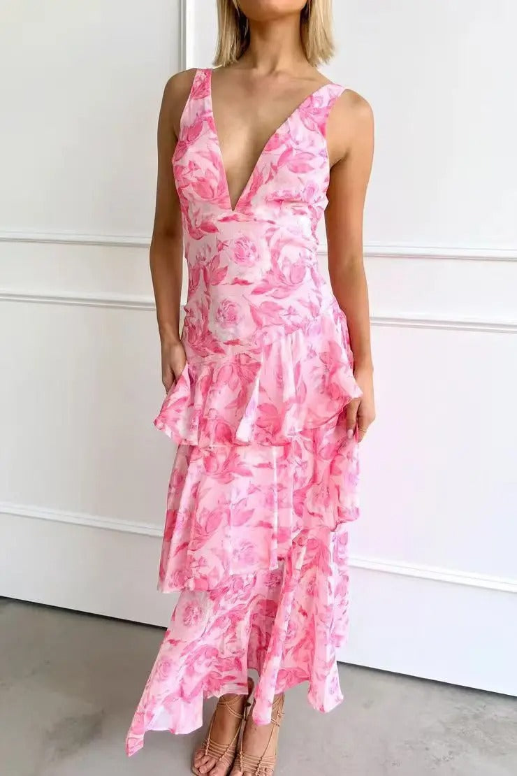 Ilduara | Vestido maxi para mujer con estampado floral y volantes