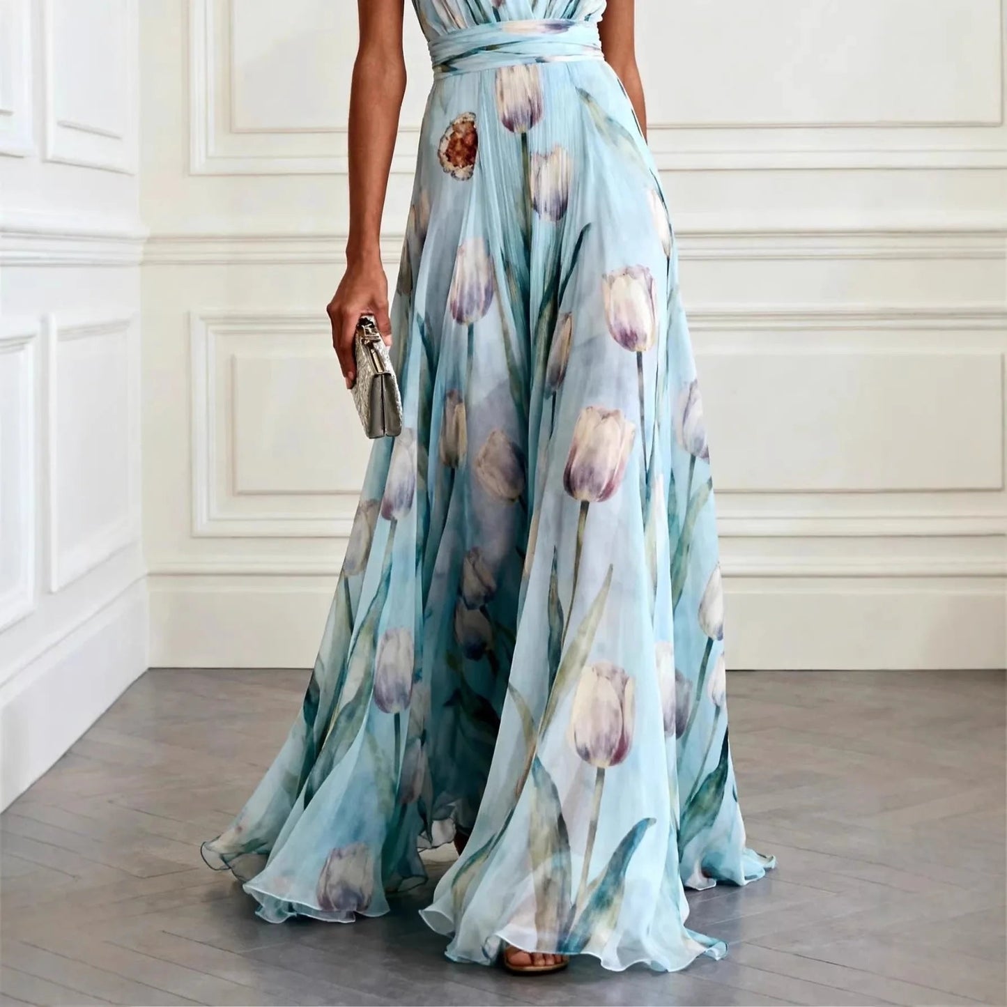 Lourdes | Robe longue portefeuille pour femme avec décolleté profond et sans manches