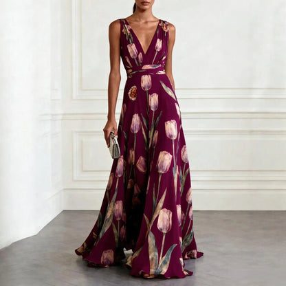 Lourdes | Robe longue portefeuille pour femme avec décolleté profond et sans manches