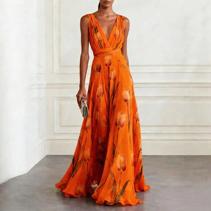 Lourdes | Robe longue portefeuille pour femme avec décolleté profond et sans manches