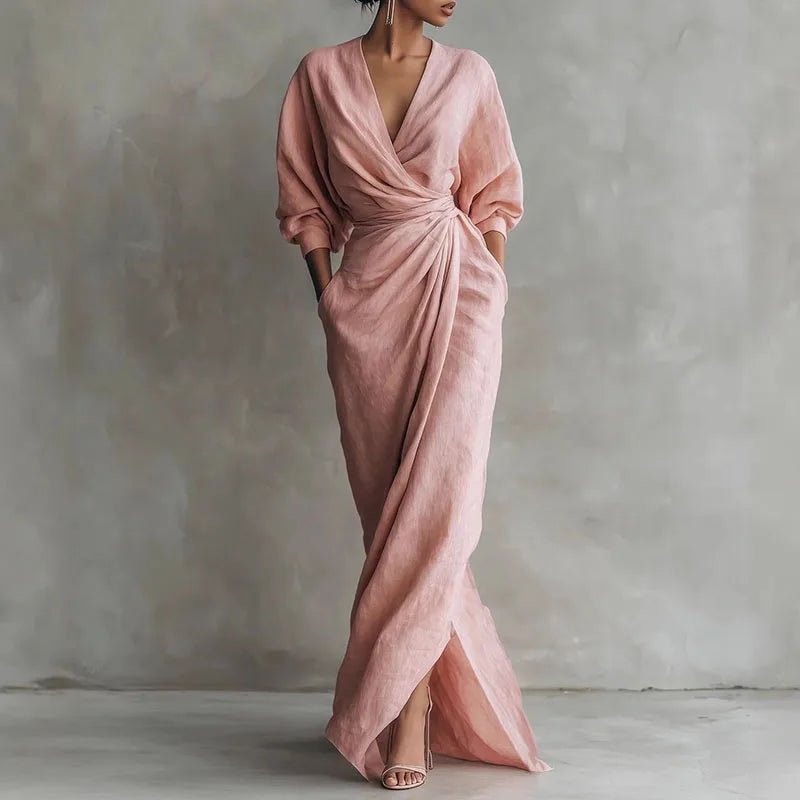 Leticia | Maxikleid im Wickelstil mit V-Ausschnitt und langen Ärmeln
