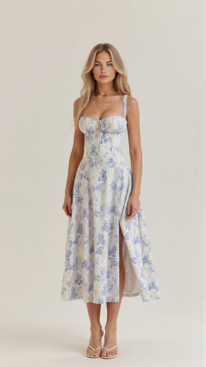 Modesta | Vestido midi con corsé y estampado floral para mujer estilo chic