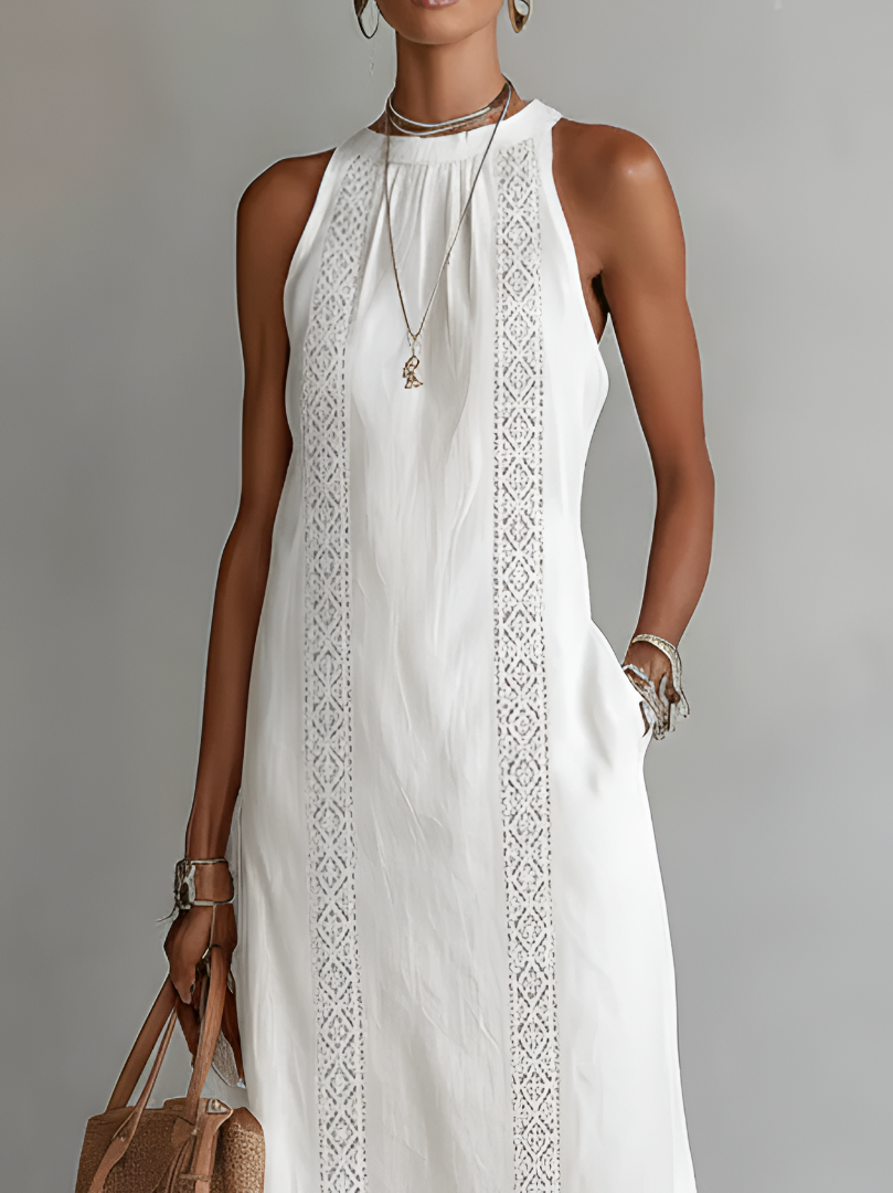 Gregoria | Besticktes Midikleid mit weitem Stehkragen  