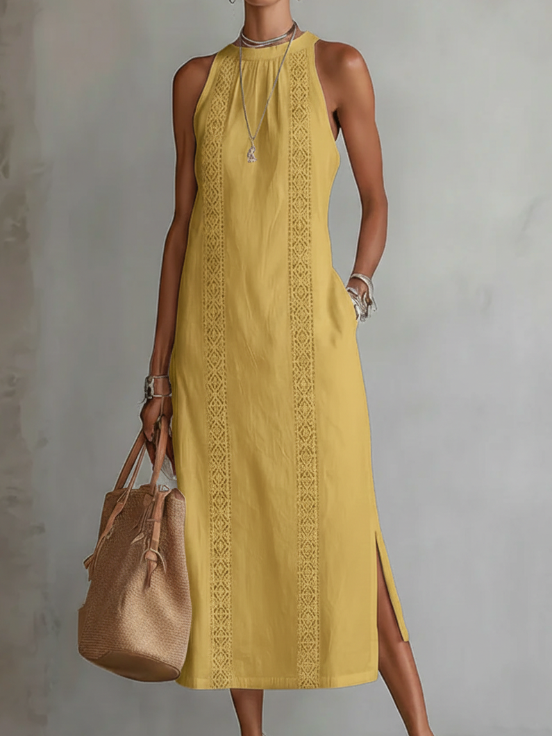 Gregoria | Besticktes Midikleid mit weitem Stehkragen  