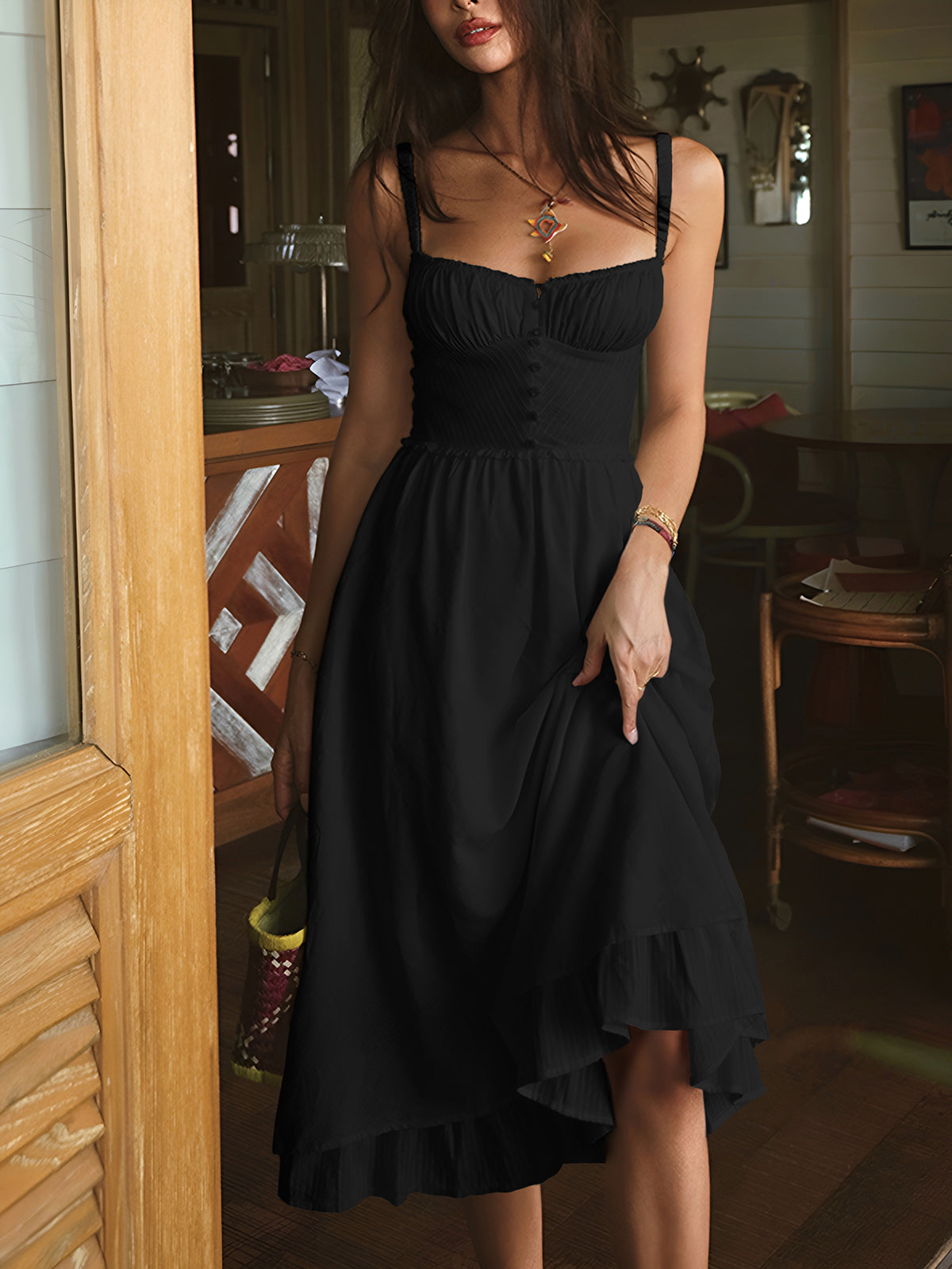 Mónica | Midikleid für Damen mit dünnen Trägern und Volants  