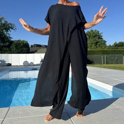 Nareva | Zweiteiliges Set mit kurzärmeligem Top und weitem Hosenbein