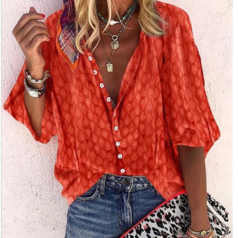 Alviera | Blusa estampada para mujer con botones y manga corta amplia