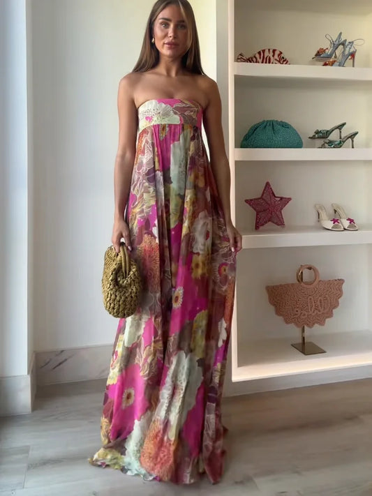 Lurevia | Vestido maxi para mujer con flores y sin tirantes estilo boda